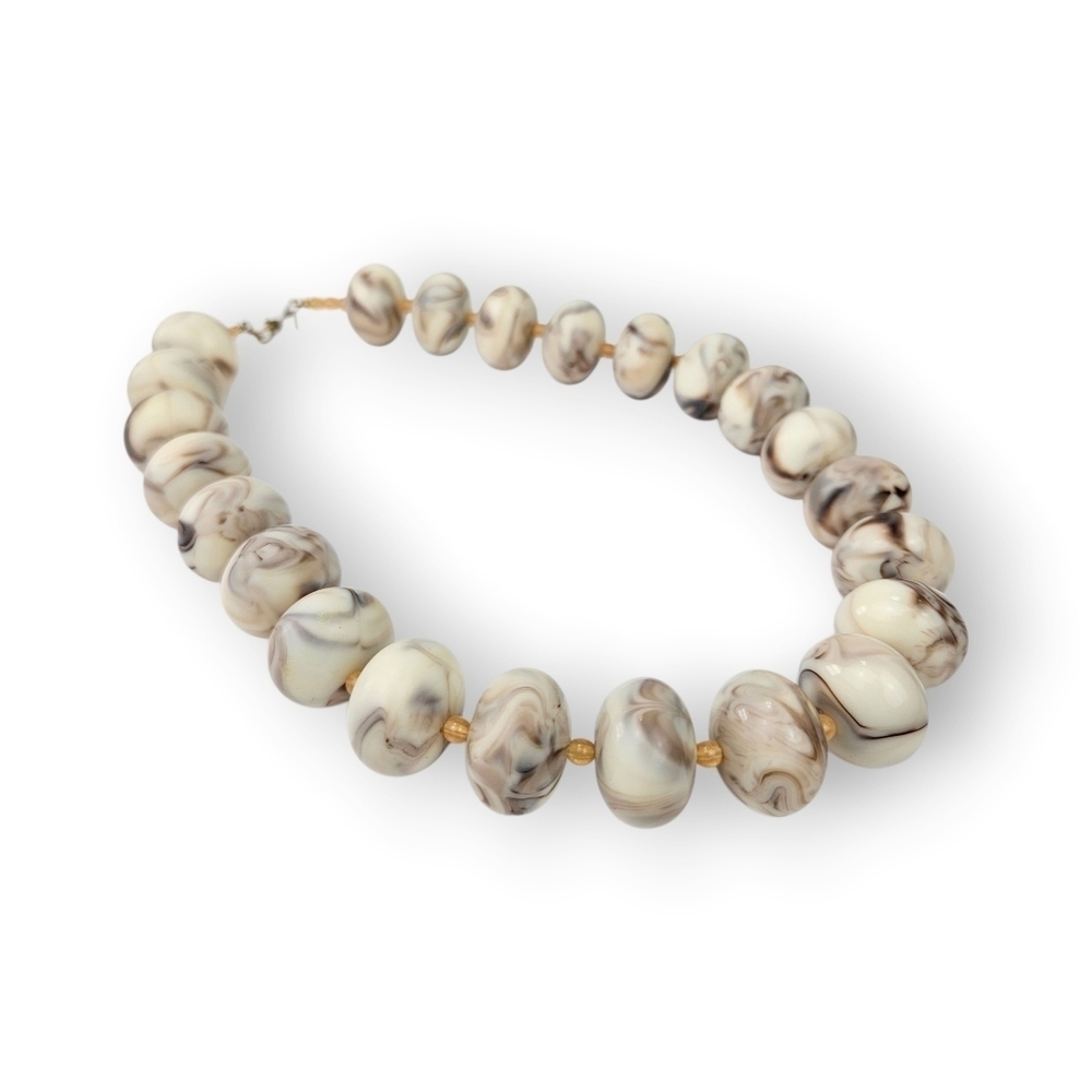 Vintage Monet Marbled Bead Necklace Chunky Plastic Cream Brown Rondelle 18" Long